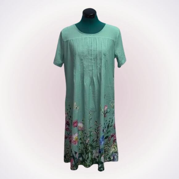 Teal Shift Dress with Floral Pattern Trim | Sz M - Picture 1 of 7